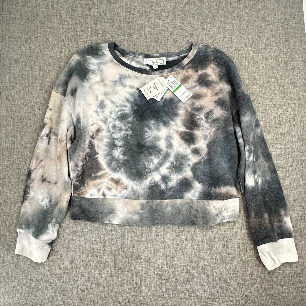 NEW! Hippie Rose Tie-Dye Coord Fleece Sweater Large $32 Cotton Blend Grey Cream